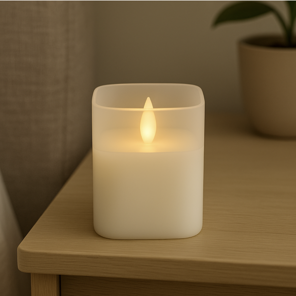 Vela recipiente de vidrio 7.5*7.5*10 blanca 1412