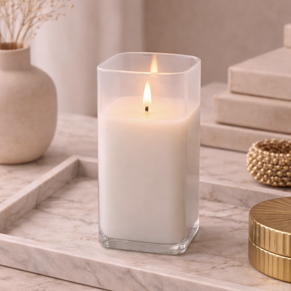 Vela recipiente de vidrio 7.5*7.5*15 blanca 1411