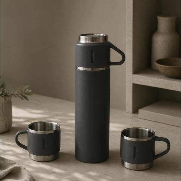 Termo acero con 3 tazas gris
