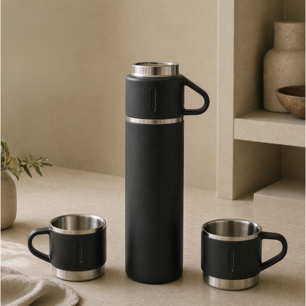 Termo acero con 3 tazas negro
