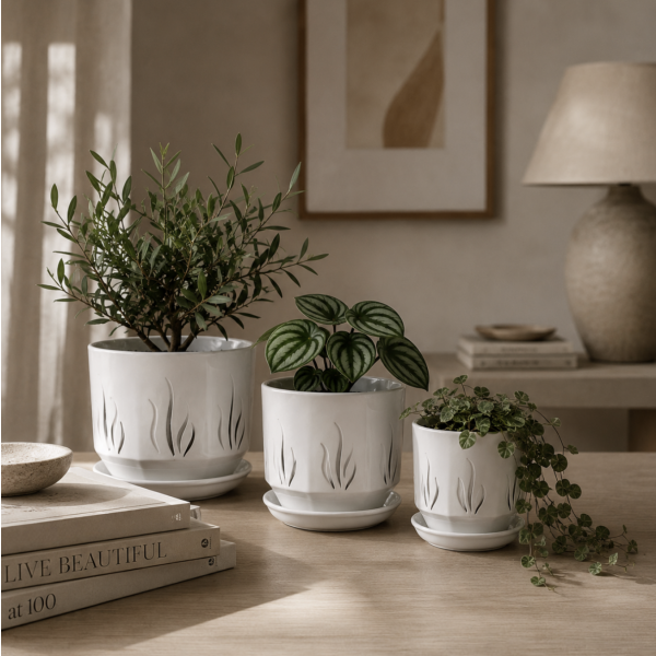 Maceteros ceramica con ase set x3 1395