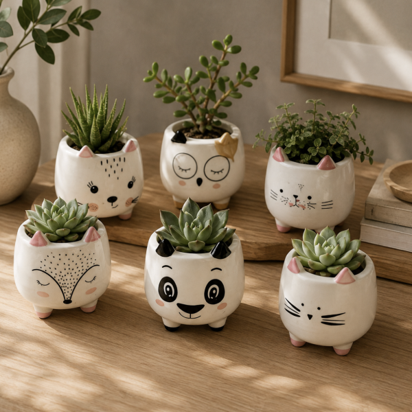 Porta maceta ceramica animalitos blanca 8.5 x 8  5193 sin planta
