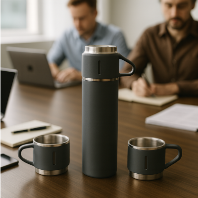 Termo acero con 3 tazas gris