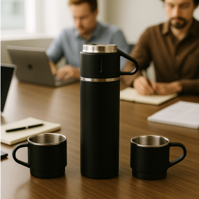 Termo acero con 3 tazas negro