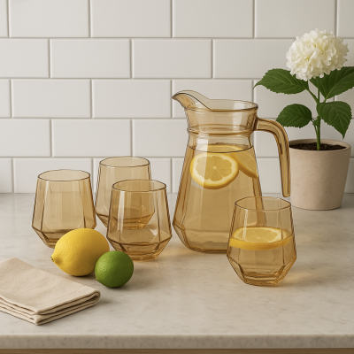 jarra + 4 vasos vidrio ambar 3120